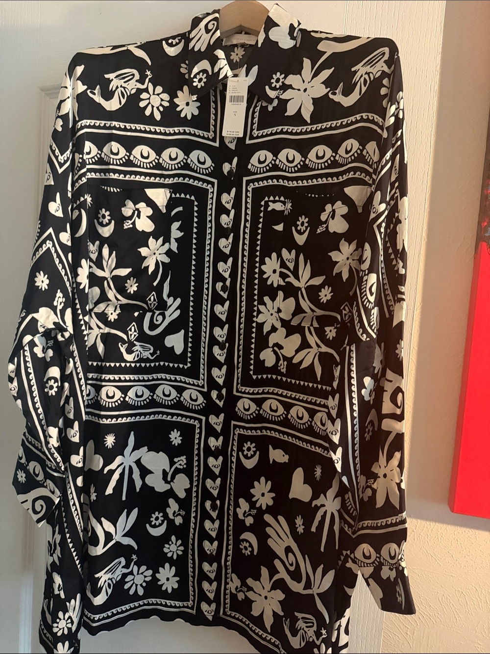 Anthropologie Black and White Floral Bandana-Print Long Sleeve Top